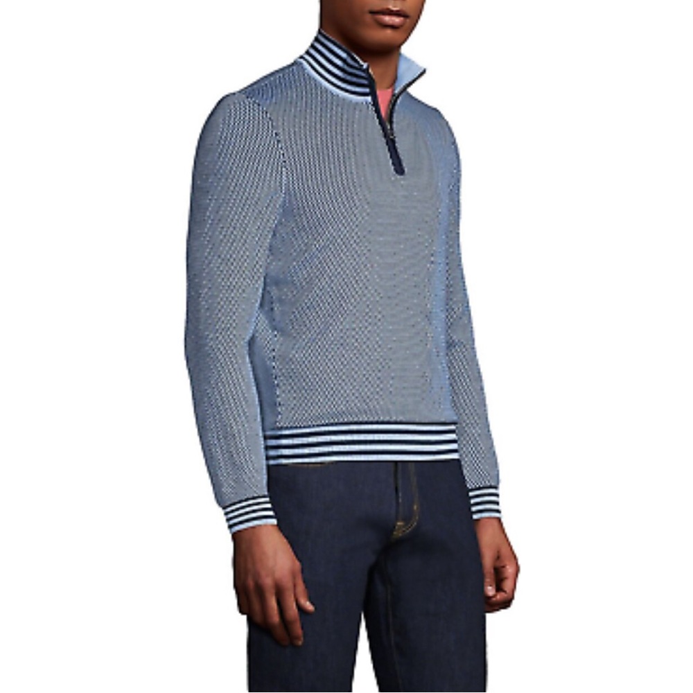 Lands' End Men’s Fine-Gauge Supima Cotton Quarter-Zip Sweater Blue Stripe